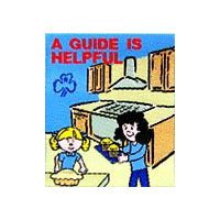 unbound fun badge with embroidered picture of two guides helping each other in the kitchen with a blue background