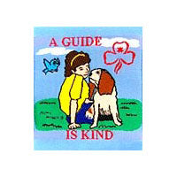 unbound fun badge with embroidered picture of a Guide with a dog sitting on the grass with a light blue background
