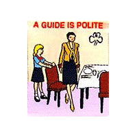 unbound fun badge with an embroidered picture of a guide pulling out a chair for a lady at a dining table with a cream background