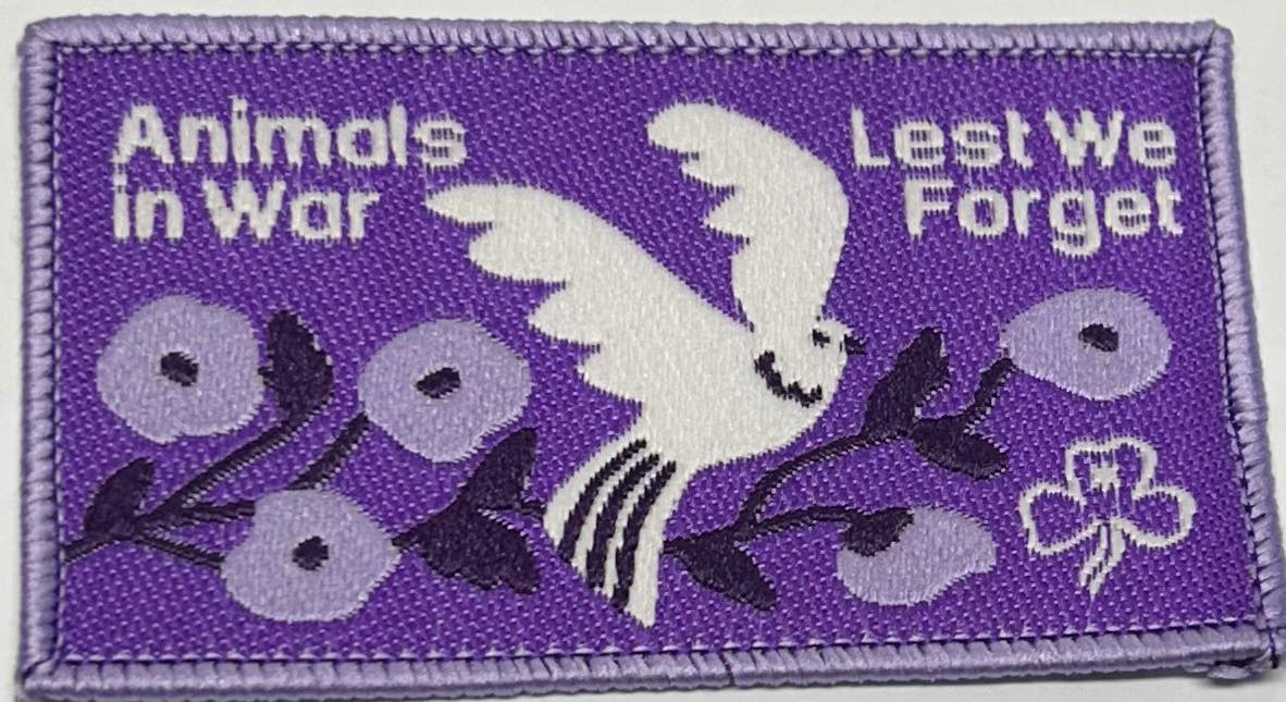 a rectangular purple bound badge with the words Animals in War and Lest we Forget  with a pigeon and poppies