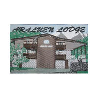 unbound fun badge with embroidered picture of the front of Araluen lodge in shades of browns and greens