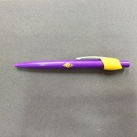Ballpoint pen in purple plastic with yellow trim. BP Emblem printed on barrel of pen in yellow.