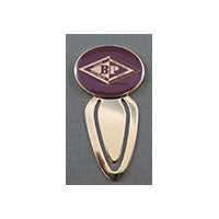 metal bookmark with a maroon circular top with the BP emblem on it