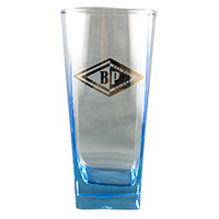 glass tumbler with the BP emblem in gold on the front