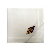 white hankie with the BP emblem embroidered in the corner in yellow and purple