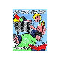 unbound cloth badge showing one girl helping with the shopping and another girl reading a bedtime story to someone