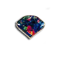 metal badge with enamel front that has a base of black and opal effect of dark colours