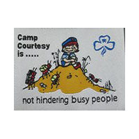 Unbound fun badge with embroidered picture of a Guide sitting on an anthill on a white background.