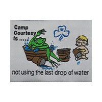Unbound fun badge. Wording - Camp Courtesy is not using the last drop of water. Embroidered picture of a frog in a bathtub and  a Guide with an empty bucket