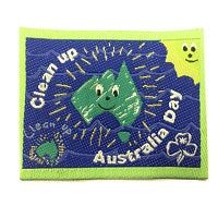 unbound cloth badge with a green map of Australia in the middle with the sun in the top right corner
