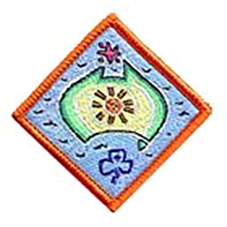 diamond shaped bound in orange badge with map of Australia with a sun in the centre