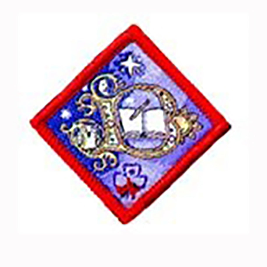 diamond shaped bound in red badge with a book inside the letter B on a blue background