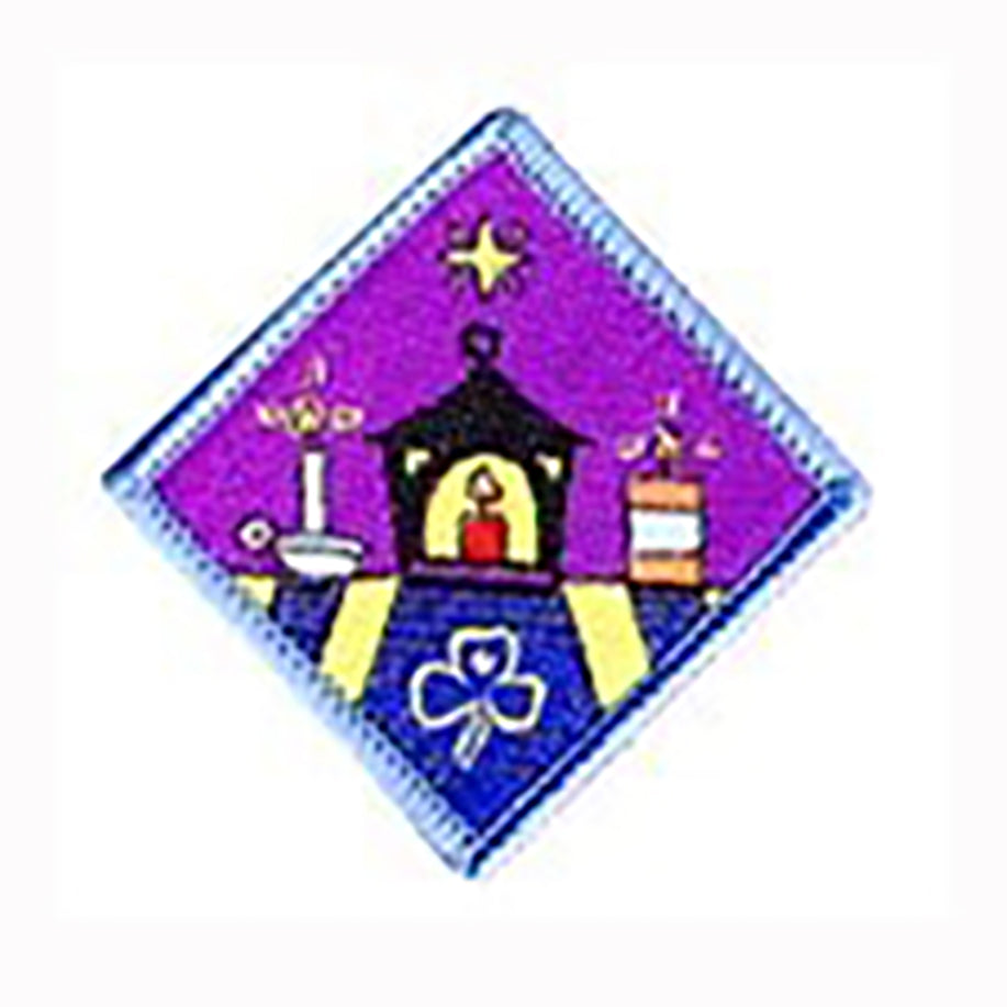 diamond shaped bound in light blue badge with three different types of candles on it with a purple and navy blue background