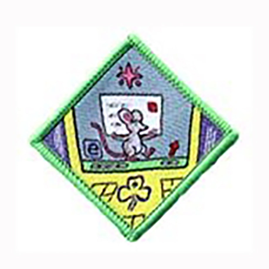 diamond shaped bound in light green badge with a computer scree with a cartoon mouse walking along the bottom of the screen