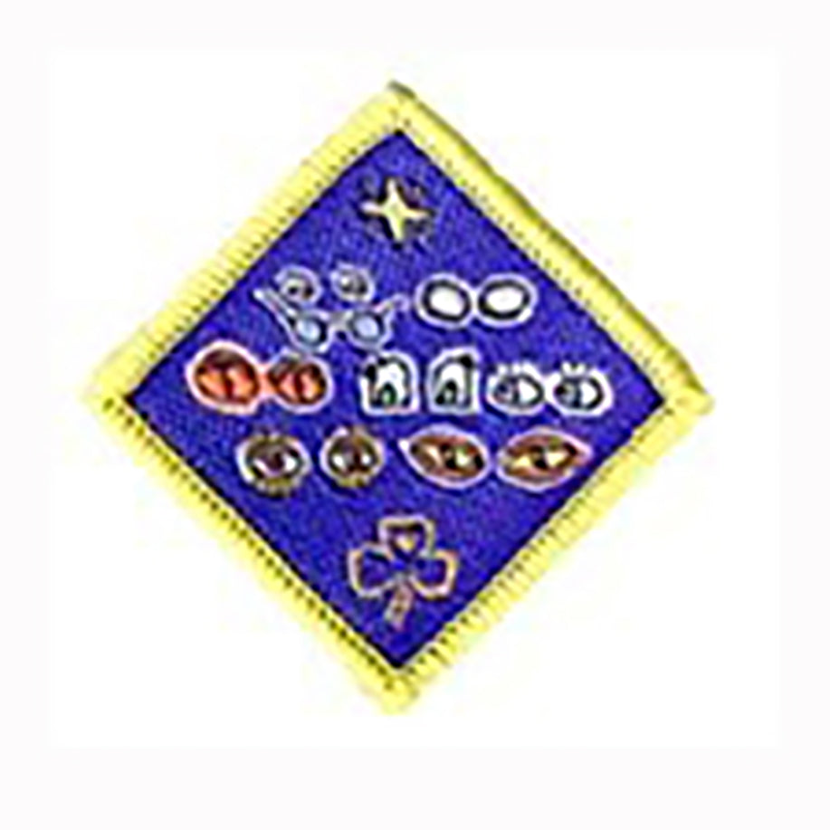 diamond shaped badge bound in yellow with glasses and eyes on it on a blue background