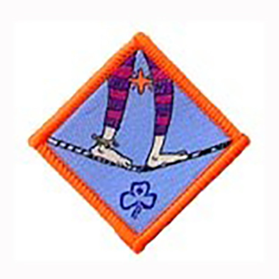 diamond shaped bound in orange badge with a pair of legs walking on a tight rope on a blue background