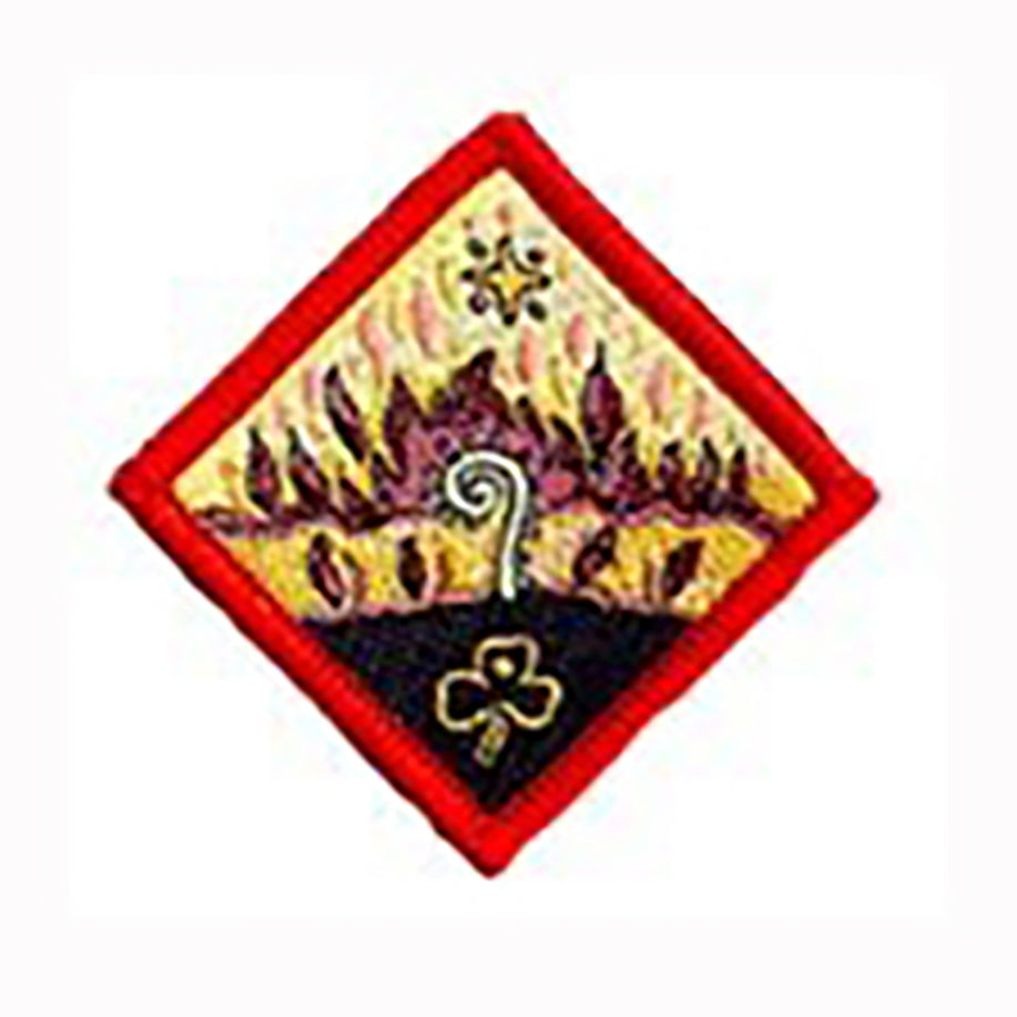 diamond shaped badge bound in red with flames and a new seedling growing