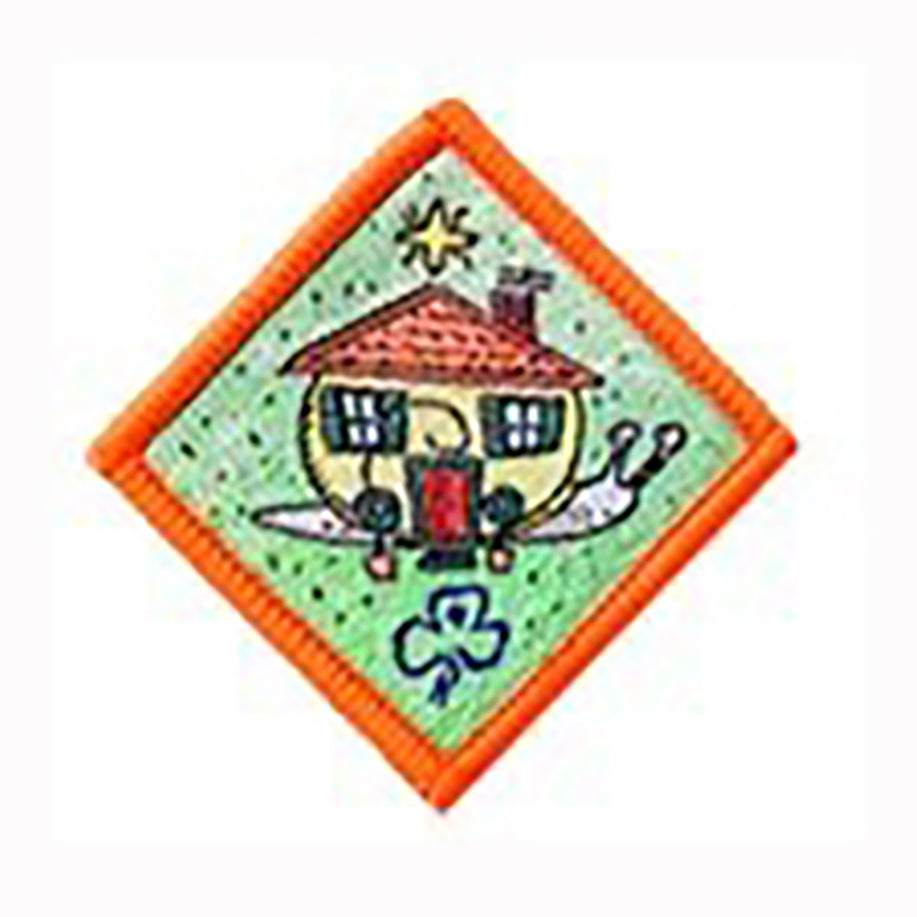 diamond shaped badge bound in orange with a snail with a house on it's back