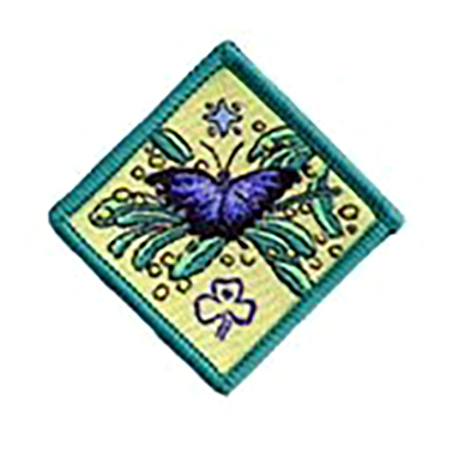 diamond shaped bound in green badge with a blueish purple butterfly in the middle
