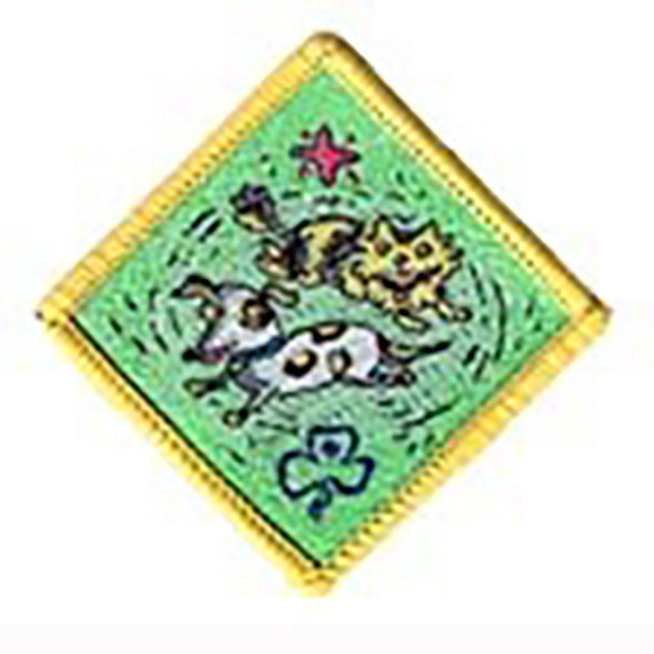 diamond shaped badge bound in yellow with a cat and dog chasing each other in a circle on a green back ground