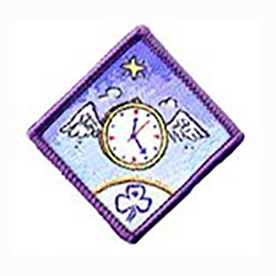 diamond shape badge bound in purple with a clock with wings on it
