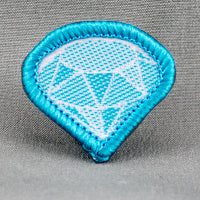 blue badge in the shape of a diamond bound in blue