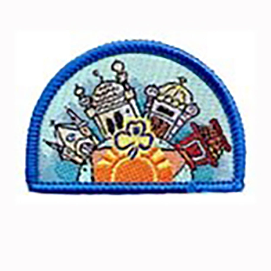 a semi circle shaped badge bound in blue with different places of worship