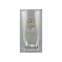 a square clear tumbler with the trefoil and the words Girl Guides Australia written in gold