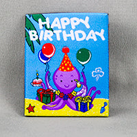 unbound badge that says happy birthday with an octopus with balloons, presents and cake