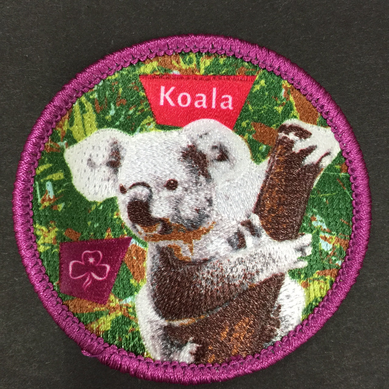 round badge that is bound in purple that shows a koala holding onto a tree branch