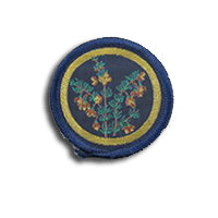 a dark blue round badge bound in dark blue with a boronia flower on it