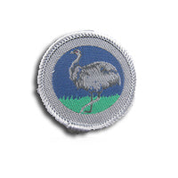 a round badge bound in grey with an emu in the centre of it