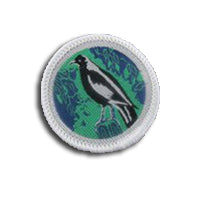 a round badge bound in white with a magpie on it