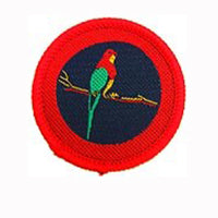 a round badge bound in red with a rosella on it
