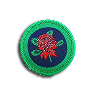 a round badge bound in green with a Waratah flower on it