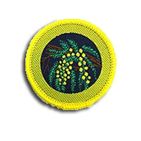 a round badge bound in yellow with a wattle sprig on it