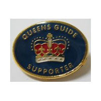 a blue enamel badge with a crown and the words queens guide supporter