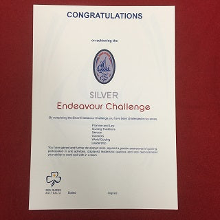 a certificate that marks your progress in the awards of Junior BP, BP and Queens Guide. The certificate is white with a silver endeavour badge printed on it.