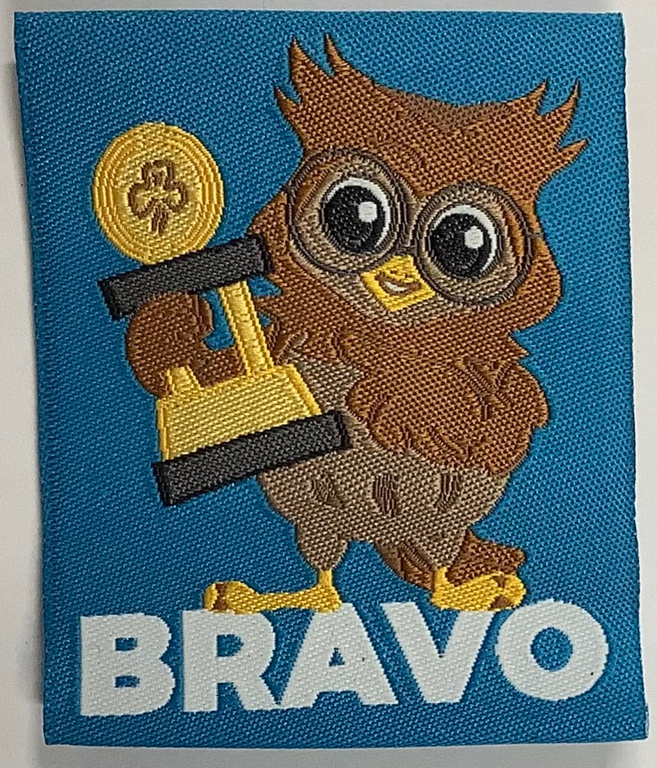 a square unbound blue badge with an owl holding a trophy with the word bravo underneath it