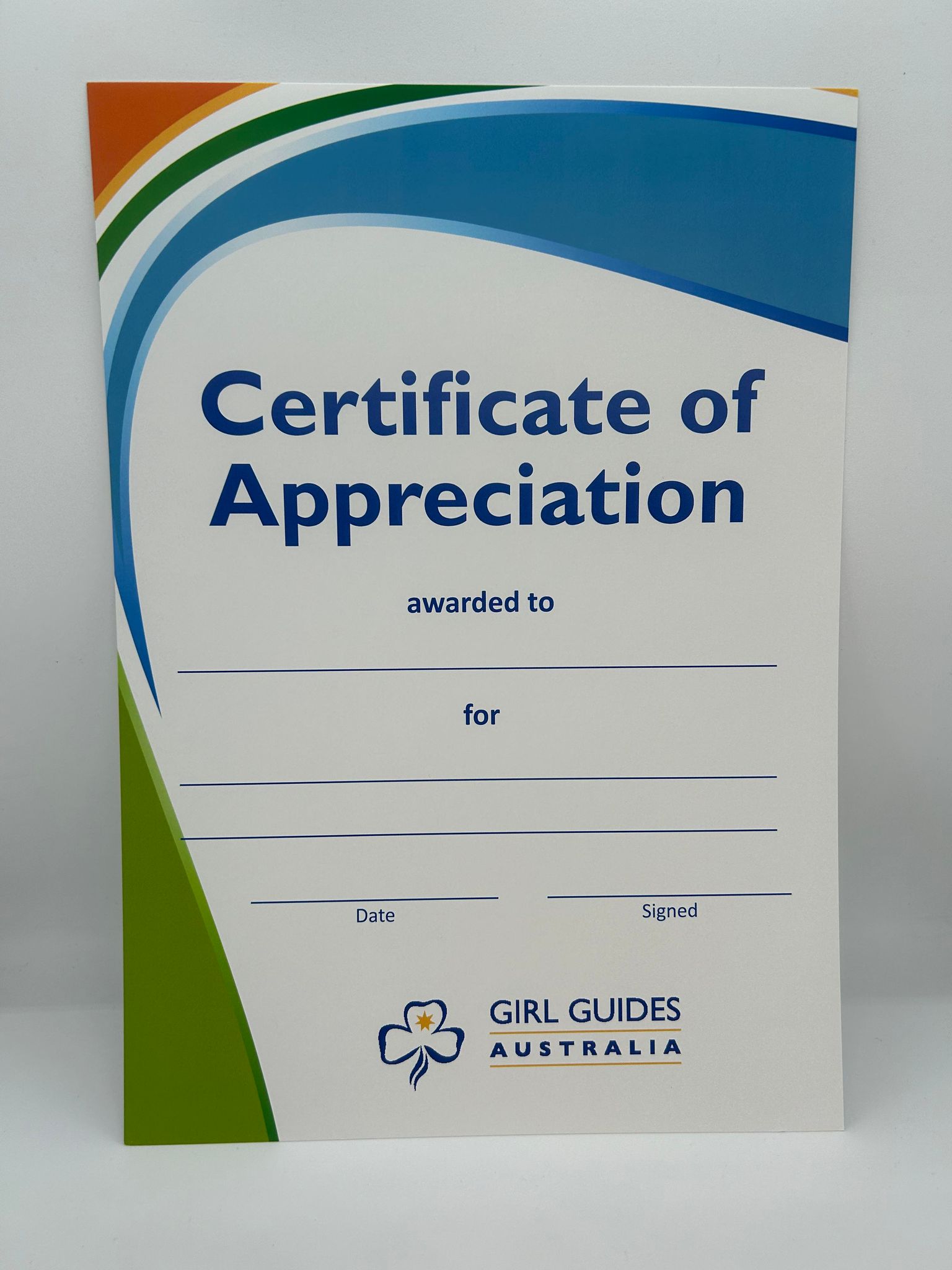 an A4 certificate of appreciation with green, blue and orange swirls