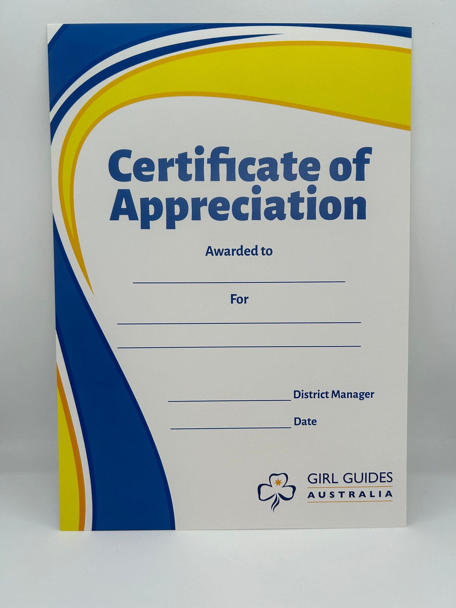 an A4 certificate that says certificate of appreciation with yellow and blue swirls on it