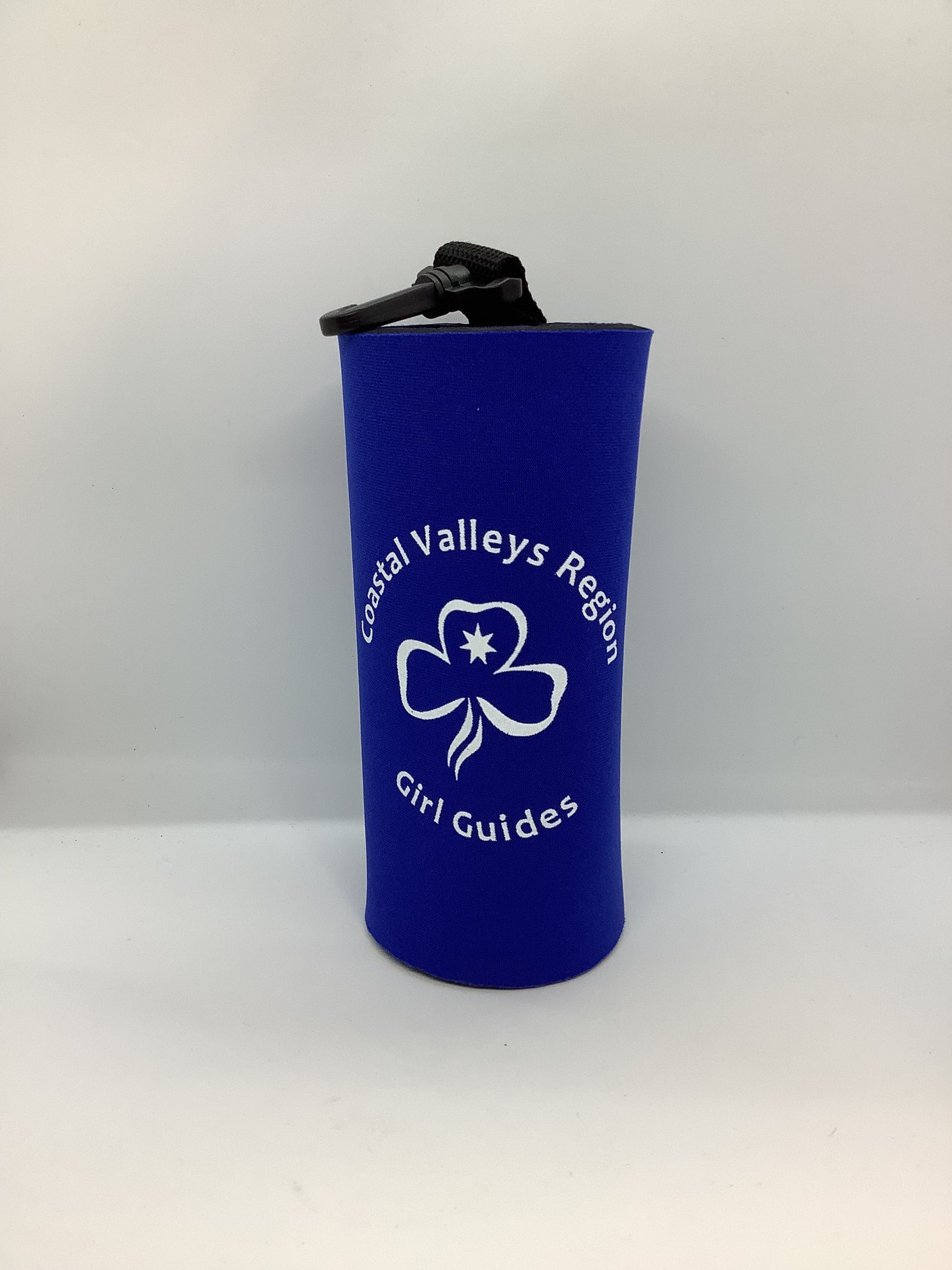 a blue bottle cooler with coastal valleys region and a trefoil on