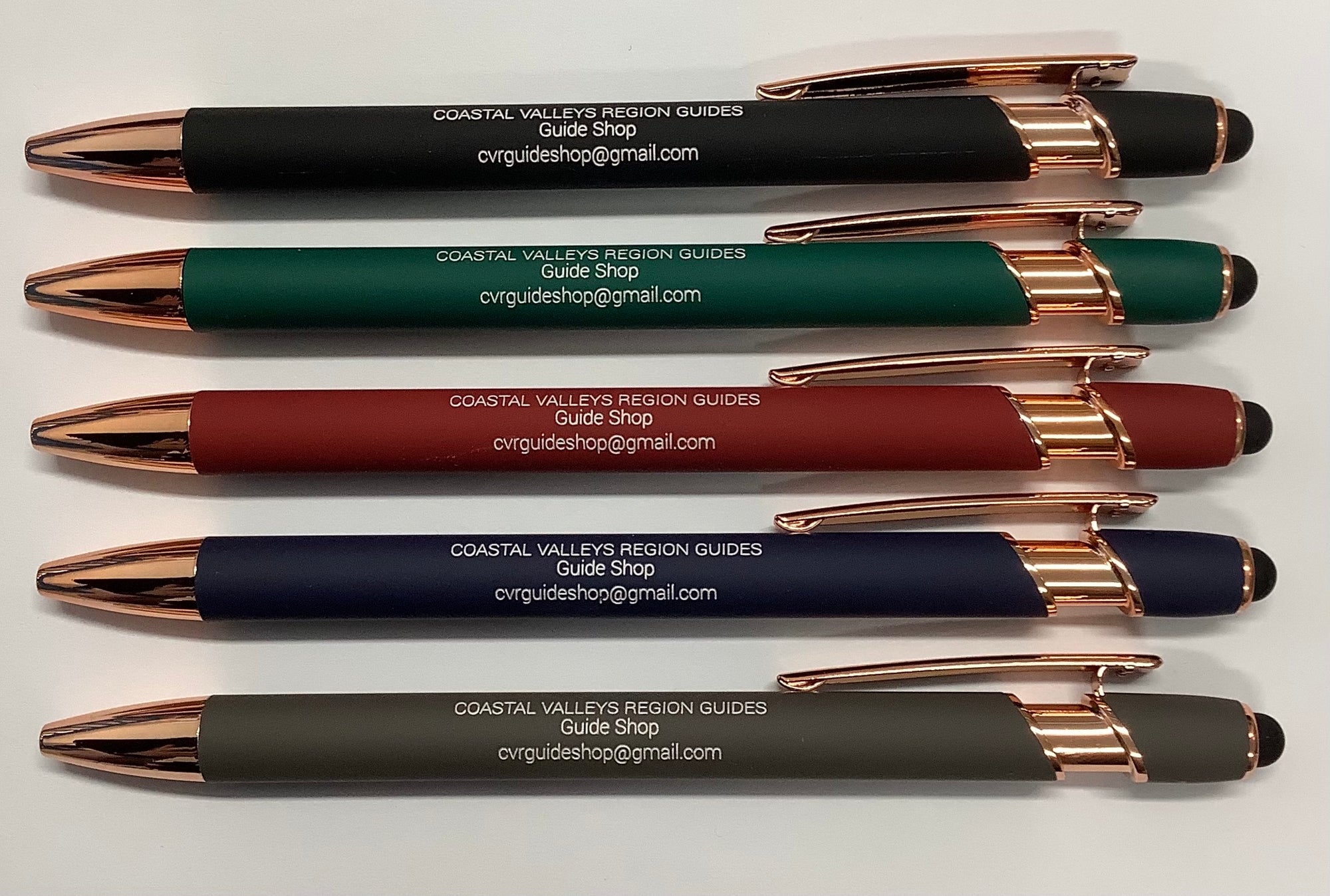 a pen available in black, green, red, navy, grey with the CVR guide shop details and black ink