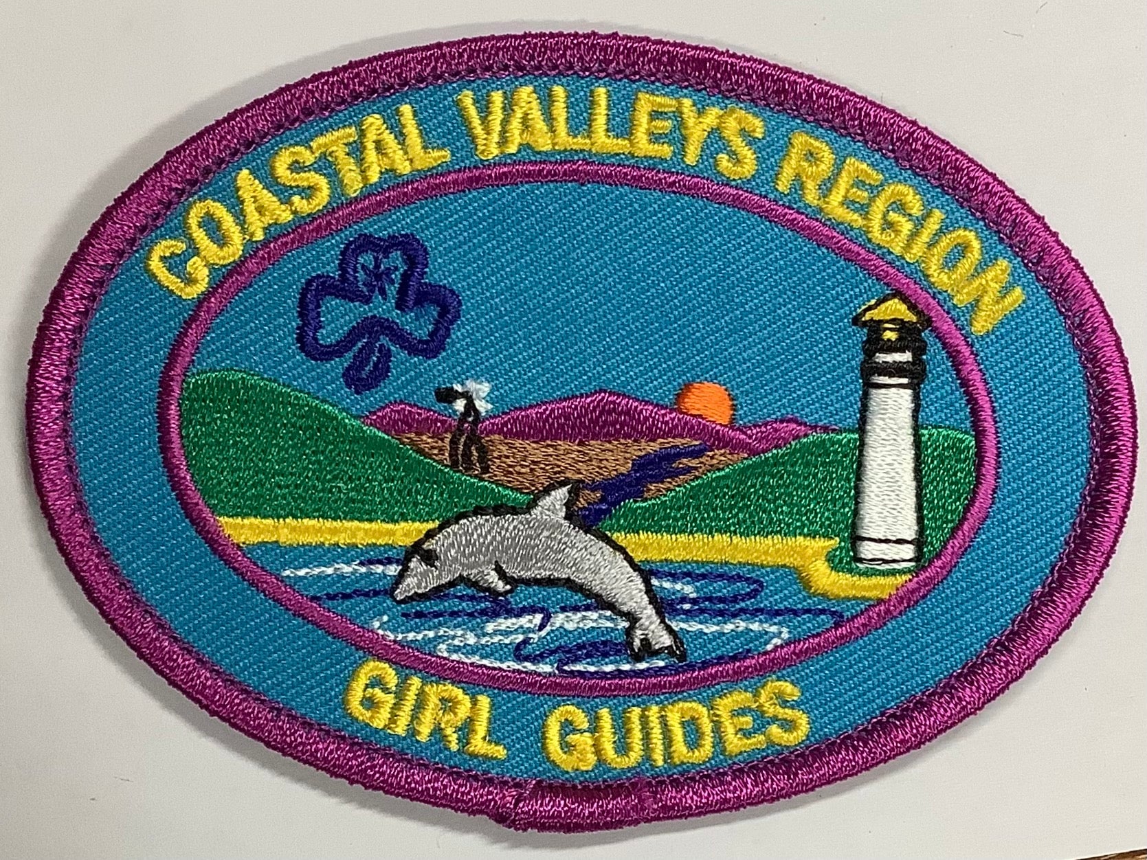 a blue oval badge bound in purple with a sea scene with a dolphin and lighthouse