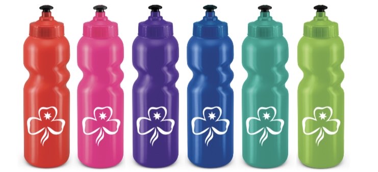 a plastic reusable drink bottle available in red, pink, purple, blue, teal or green