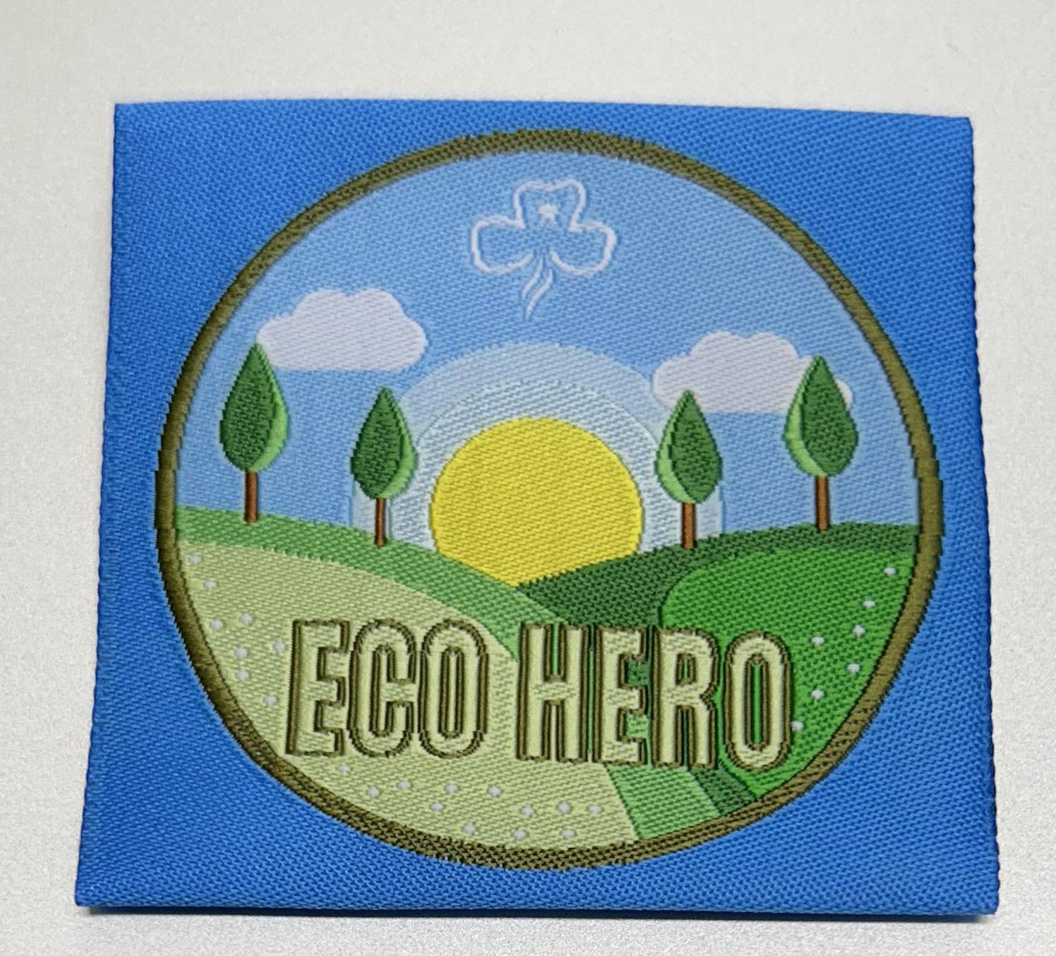 an unbound square badge with a blue background with a circle with trees and the sun and the words eco hero