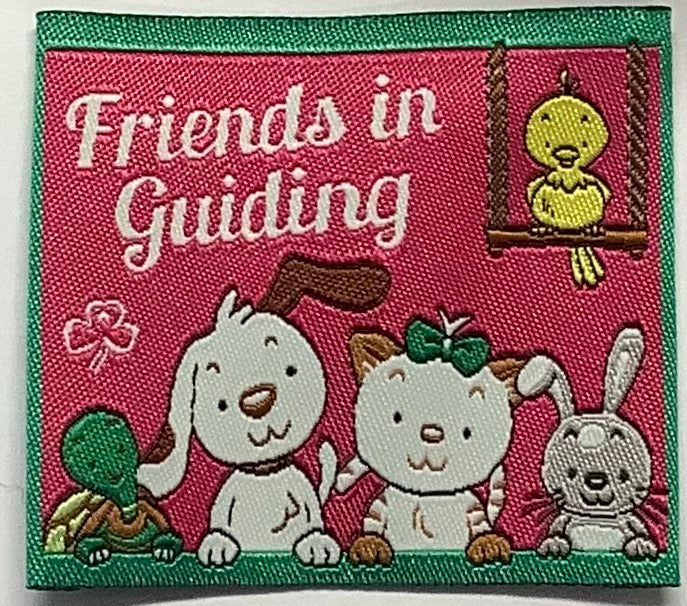 a square bound badge with pets hanging out together