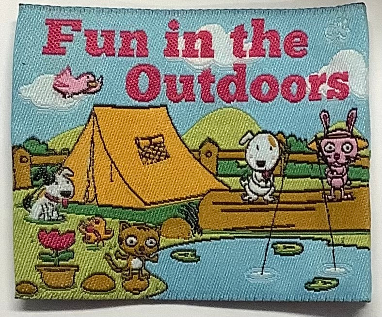 a square unbound badge with animals fishing in a pond next to a tent