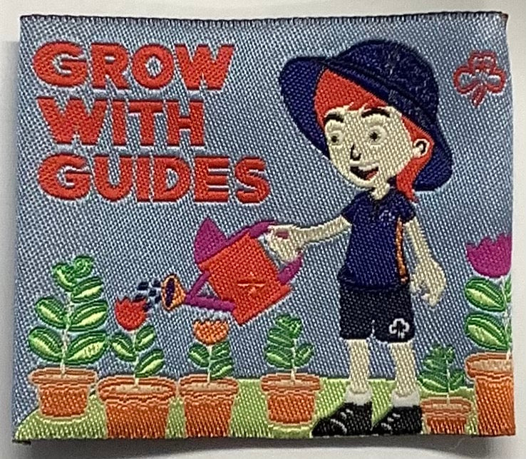 a square unbound badge with a guide watering pot plants