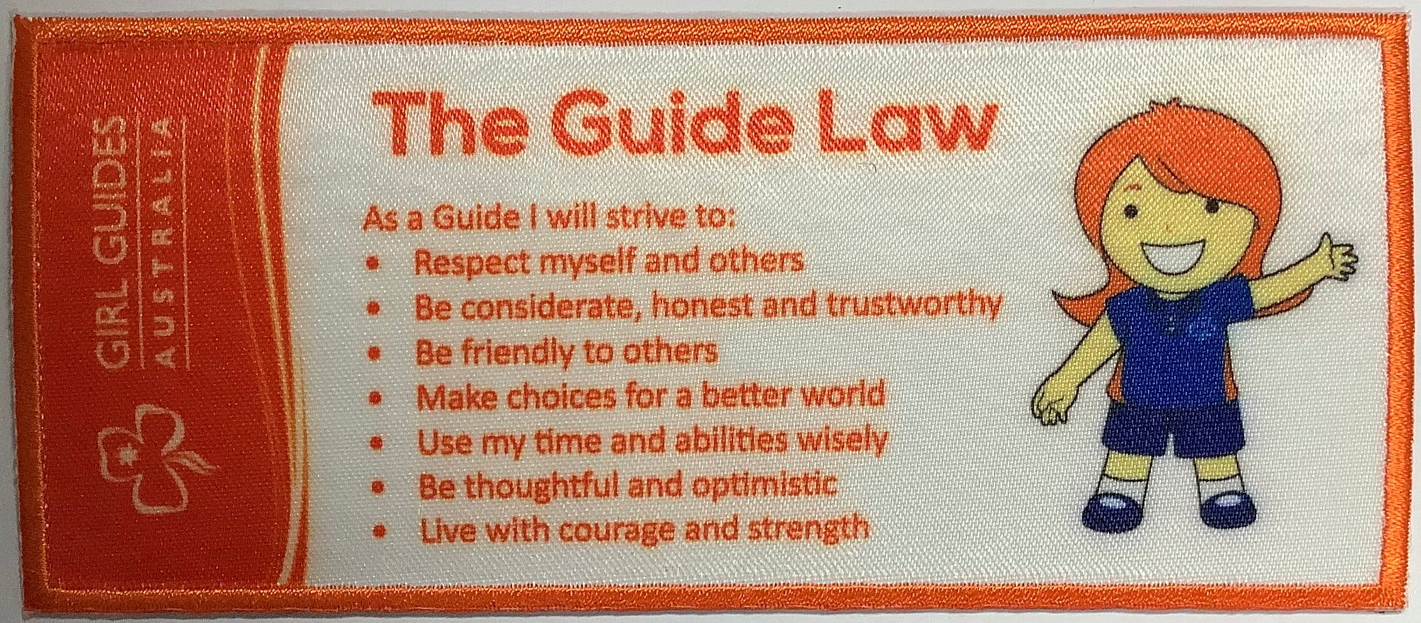 a rectangle shaped badge that is sturdy enough to be a bookmark with the Guide Law and a guide
